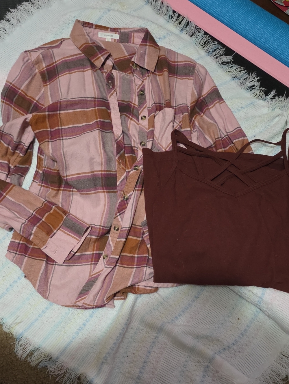 Maurices Soft Brushed Flannel Shirt & Cute Strappy Tank Top Pink / Chocolate Sm